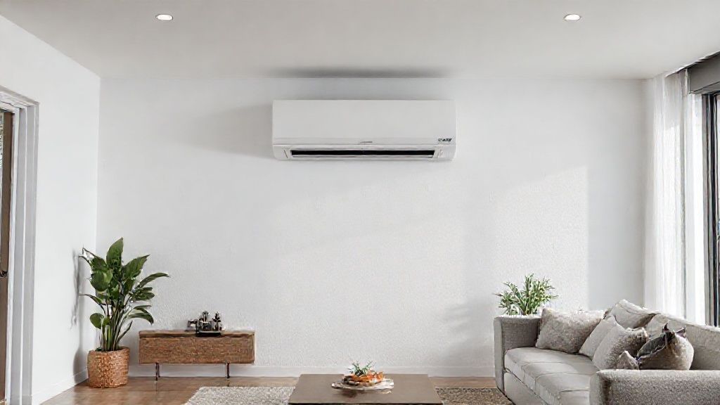 Sleek ductless unit mounted in a modern living room; clean, white, textured wall.
