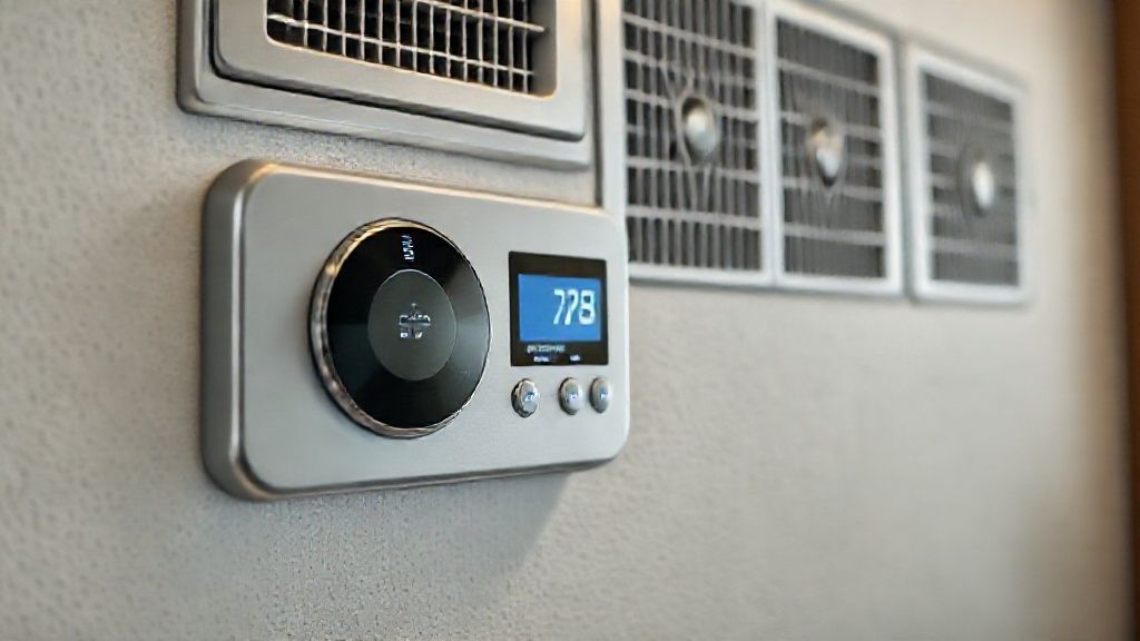 Sleek thermostat controls modern home HVAC; metal vents, textured walls, comfortable, climate-controlled.