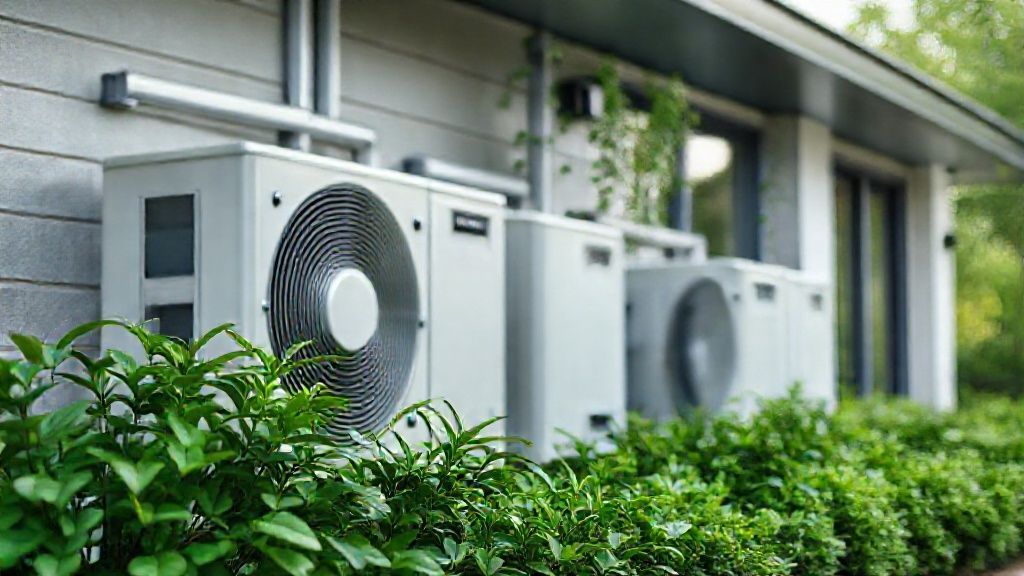 Sleek HVAC units, green foliage, modern home. Focus on eco-friendly textures and design.