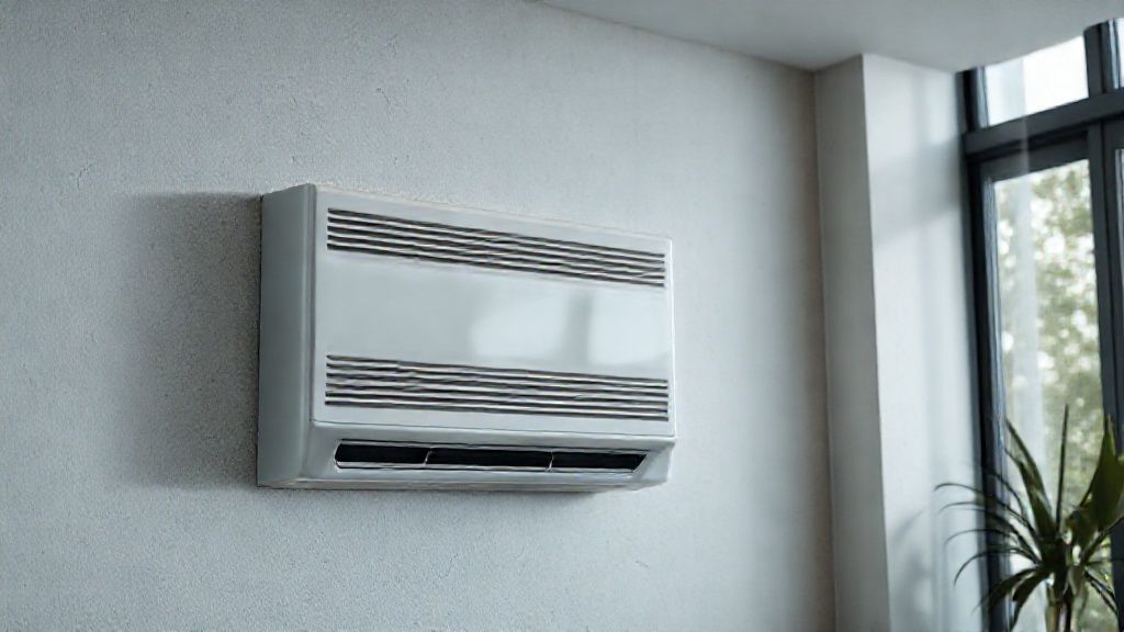 Sleek HVAC unit blending seamlessly into a modern home; clean, inviting air, textured surfaces.