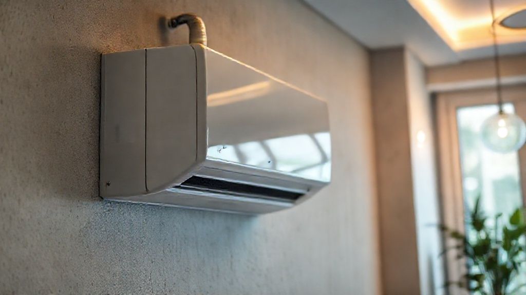 Sleek HVAC unit, modern home, textured walls, inviting comfort. Focus on equipment.