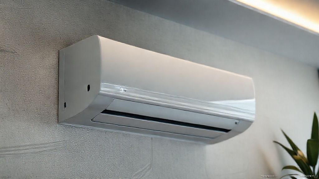 New HVAC system, sleek design, modern home textures, promising comfort, digitally marketed.