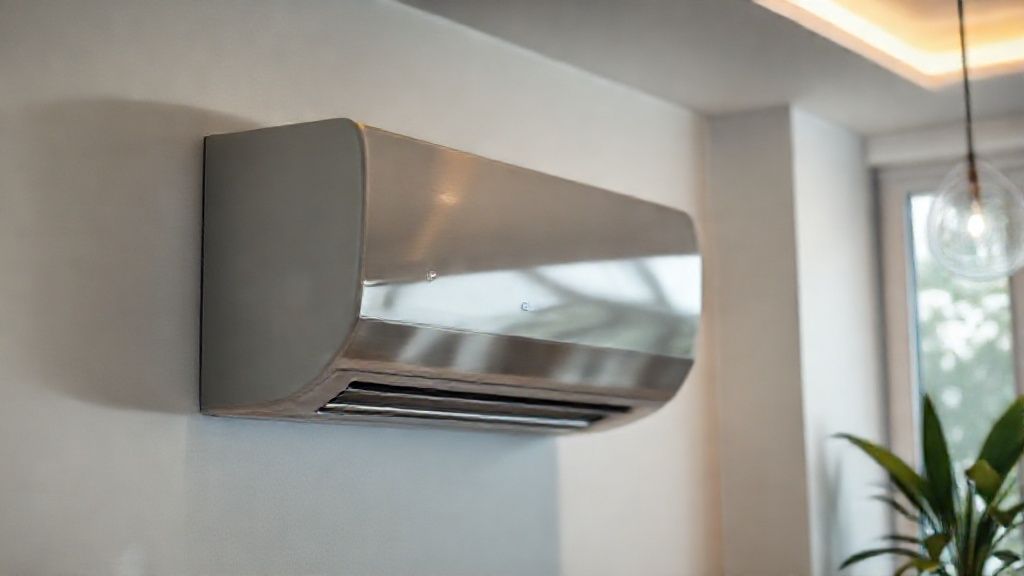 Sleek HVAC unit, modern home. Clean lines, brushed metal, cozy, inviting atmosphere.