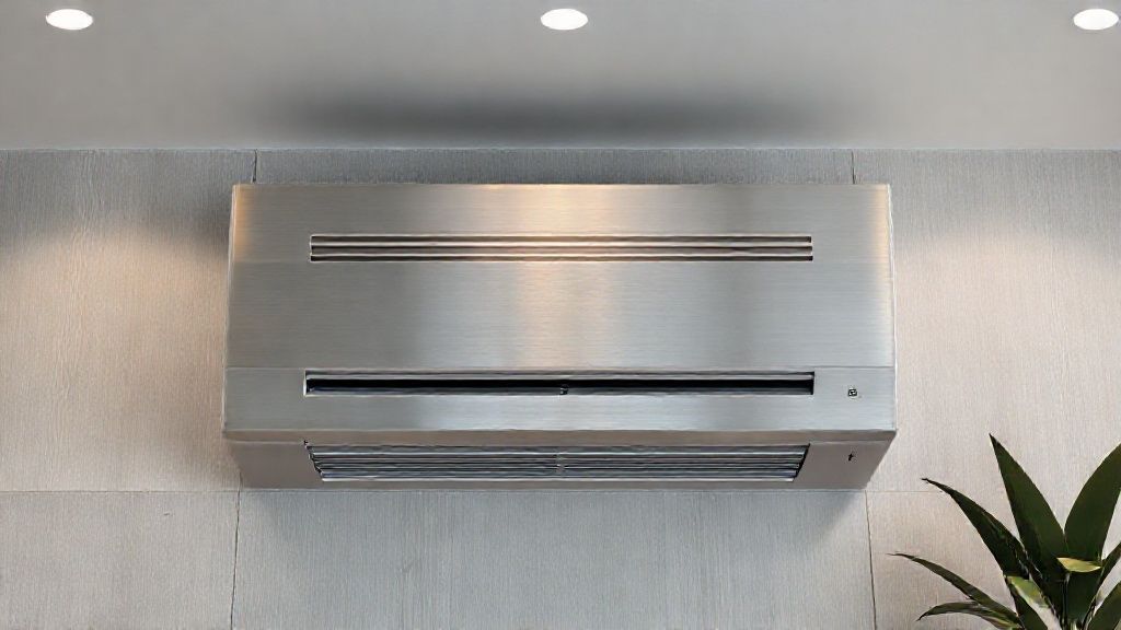 Modern HVAC unit seamlessly integrated; clean lines, brushed metal texture, stylish home interior.