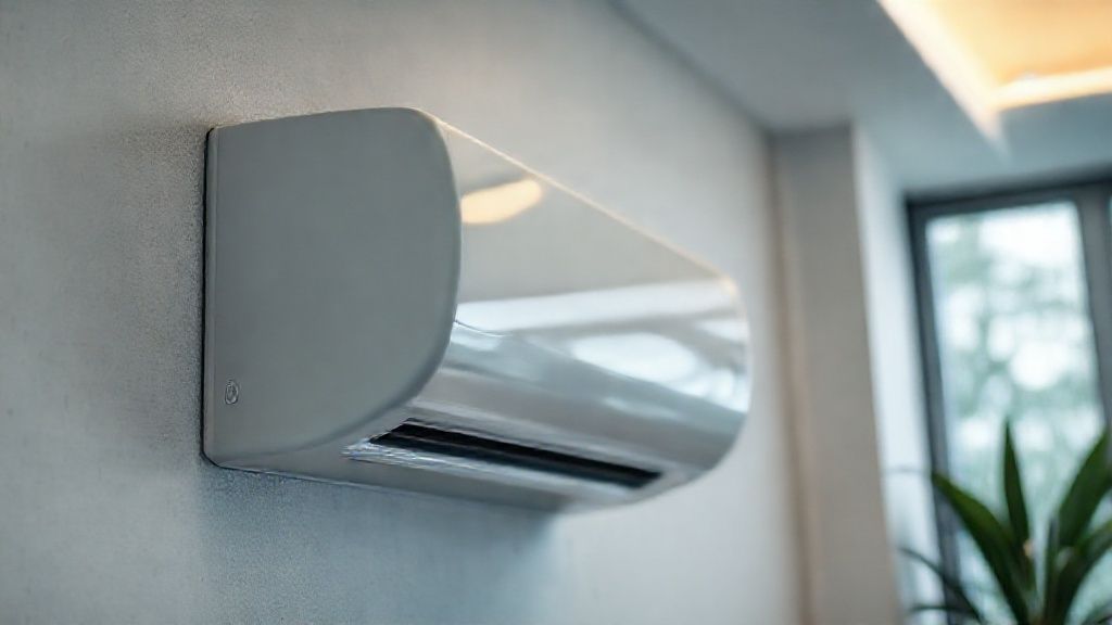 Sleek HVAC unit, modern home. Focus on comfort, efficient textures, and streamlined design.