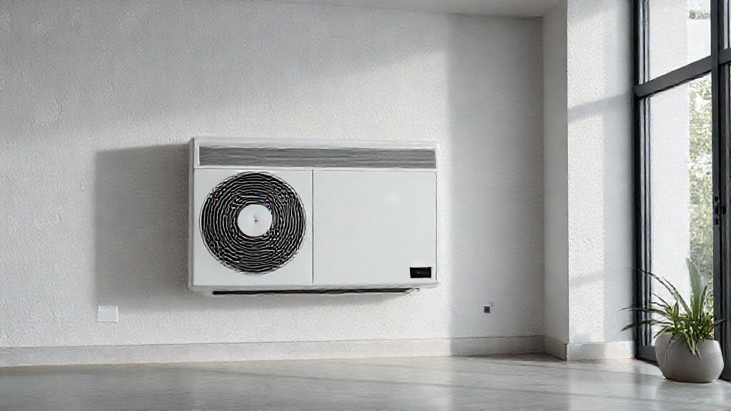 Sleek HVAC unit seamlessly blends into modern home; clean, textured surfaces convey comfort.