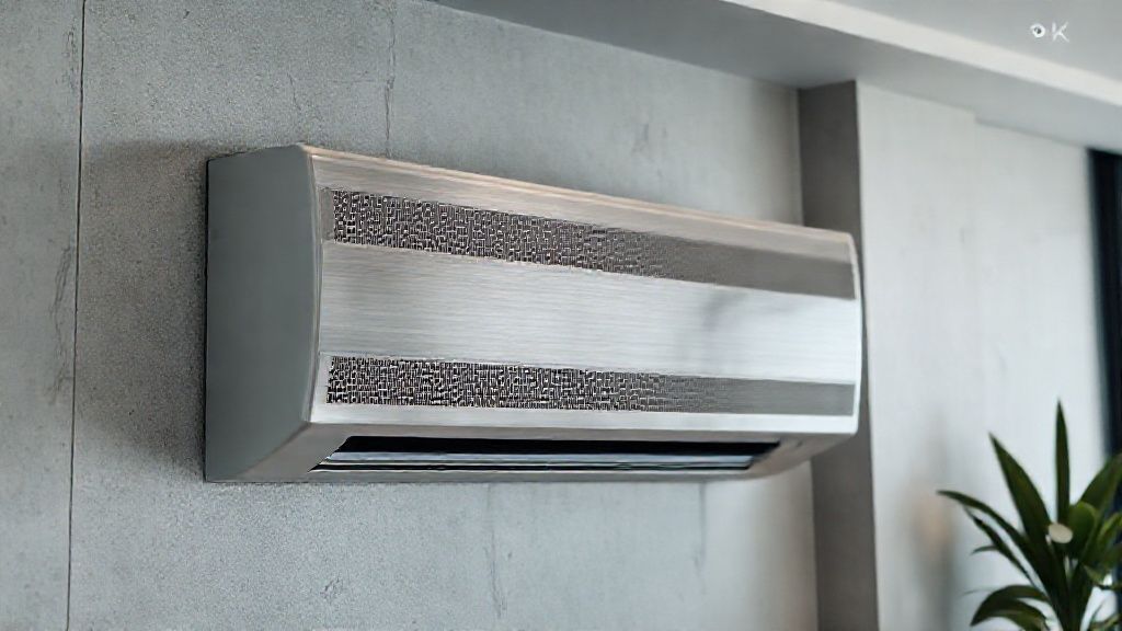 Sleek HVAC unit seamlessly integrated in a modern home, textured metal, comfort and efficiency.