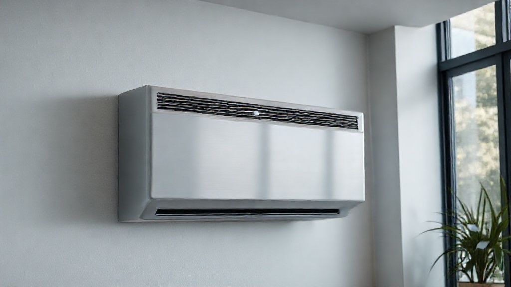 Sleek HVAC unit blends seamlessly into modern home. Clean lines, metallic textures, comfort.