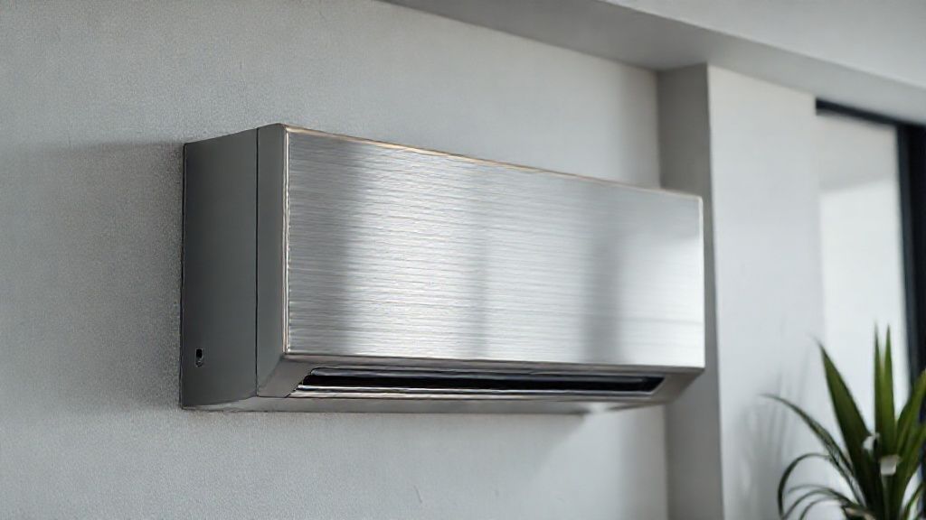 Sleek HVAC unit blends seamlessly into a modern home, textured metal subtly shining.