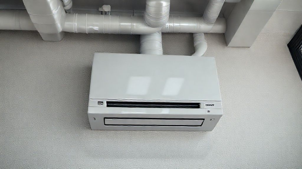 Shiny new HVAC unit in modern home, clean ductwork, textured walls.