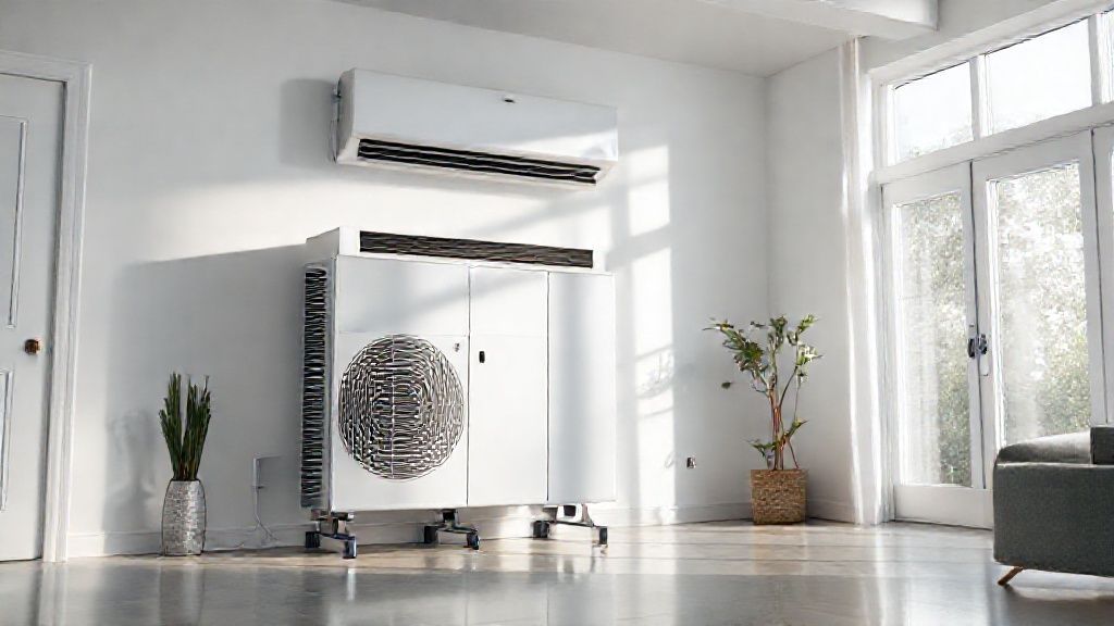 Modern HVAC unit blends seamlessly in bright, stylish home; clean, metallic textures highlight digital campaign focus.