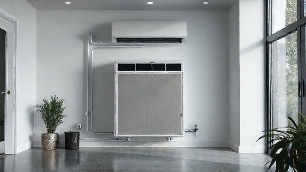Modern HVAC unit blending seamlessly in a stylish home; clean lines, metal textures.