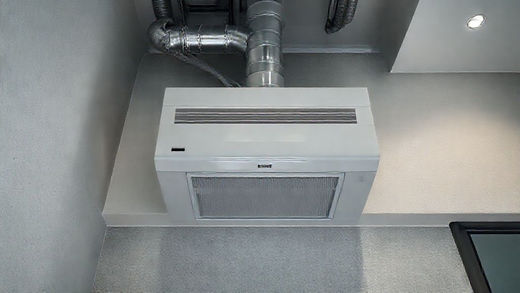 Gleaming HVAC unit in sleek, modern home; ductwork visible, textured walls.