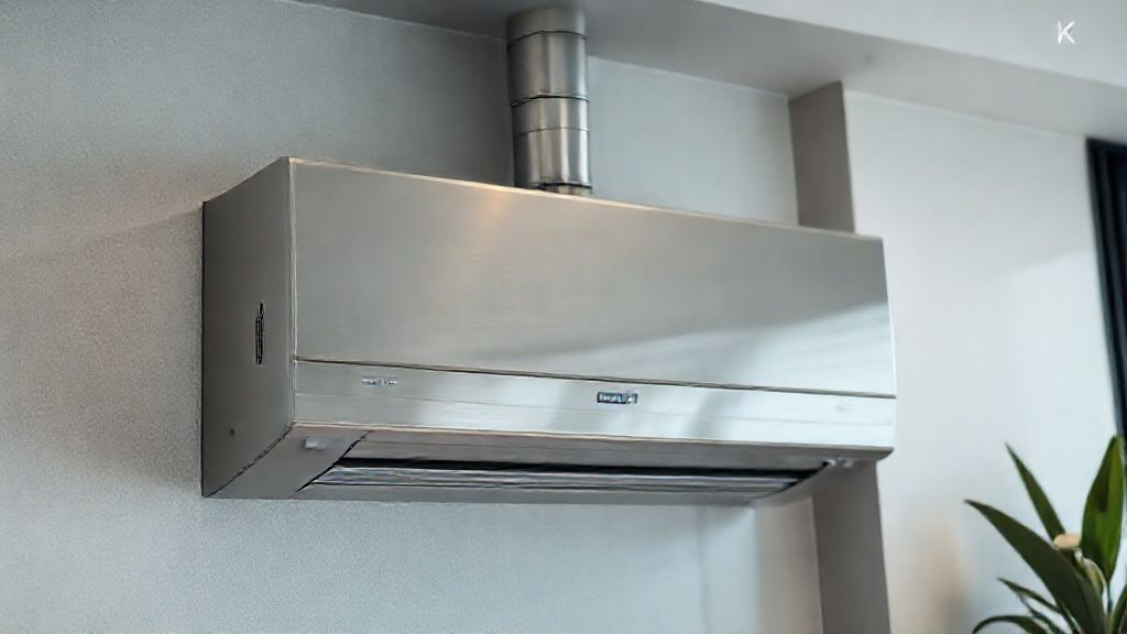 Sleek HVAC unit in modern home, metallic textures, clean lines; comfort and efficiency.