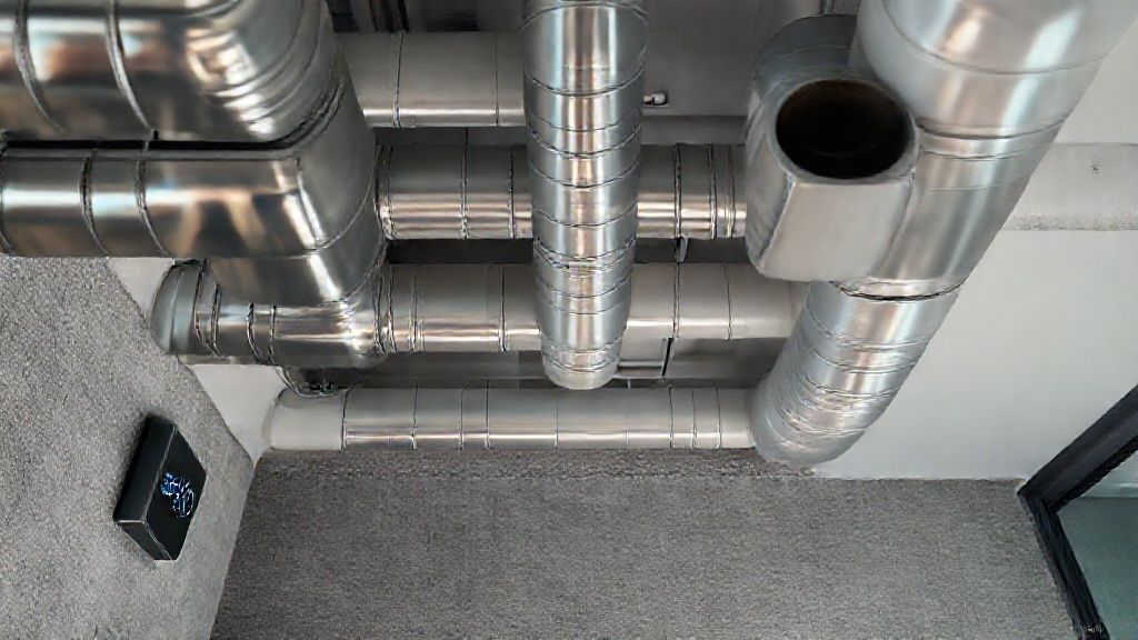 Shiny ducts, sleek thermostat in modern home, textured wall, hinting at smart HVAC tech.