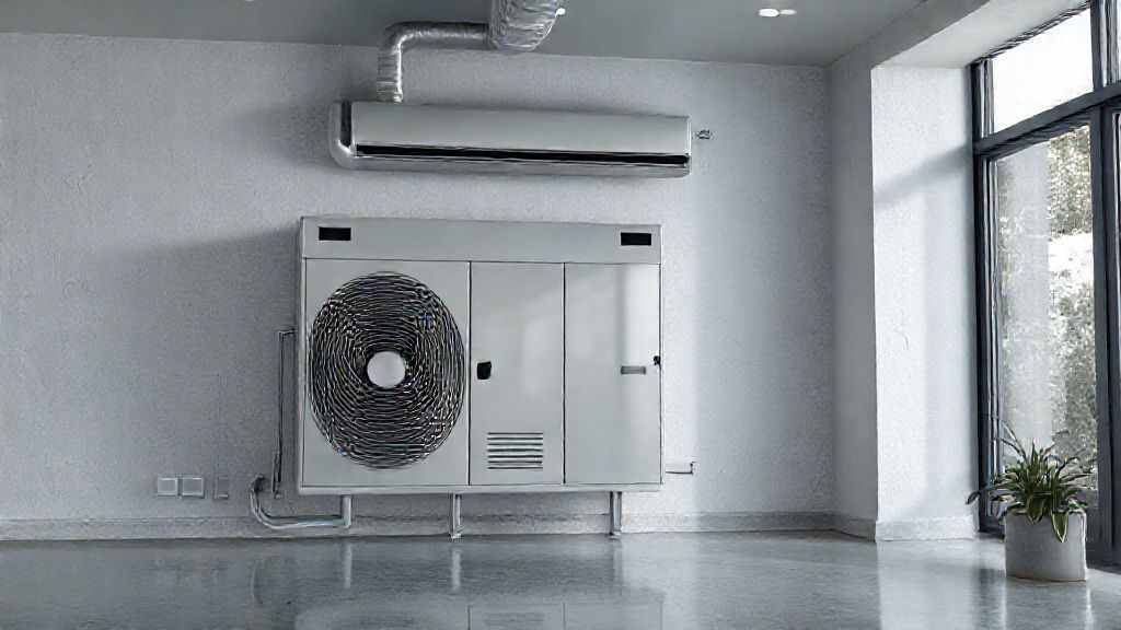 Modern HVAC unit blends seamlessly into a smart home; clean, metallic, textured.