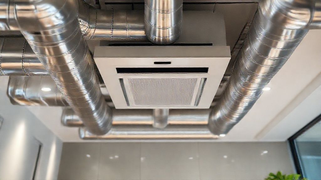 Shiny ducts, sleek HVAC unit in modern home. Comfortable temperature, seamless integration.