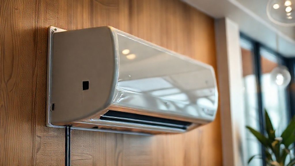 Gleaming HVAC unit, modern home setting. Warm wood, cool metal texture. Energy-efficient comfort.