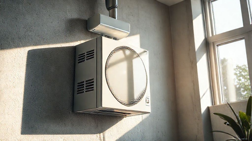 Gleaming HVAC unit in a modern home; sunlight on textured walls, conveying comfort and innovation.