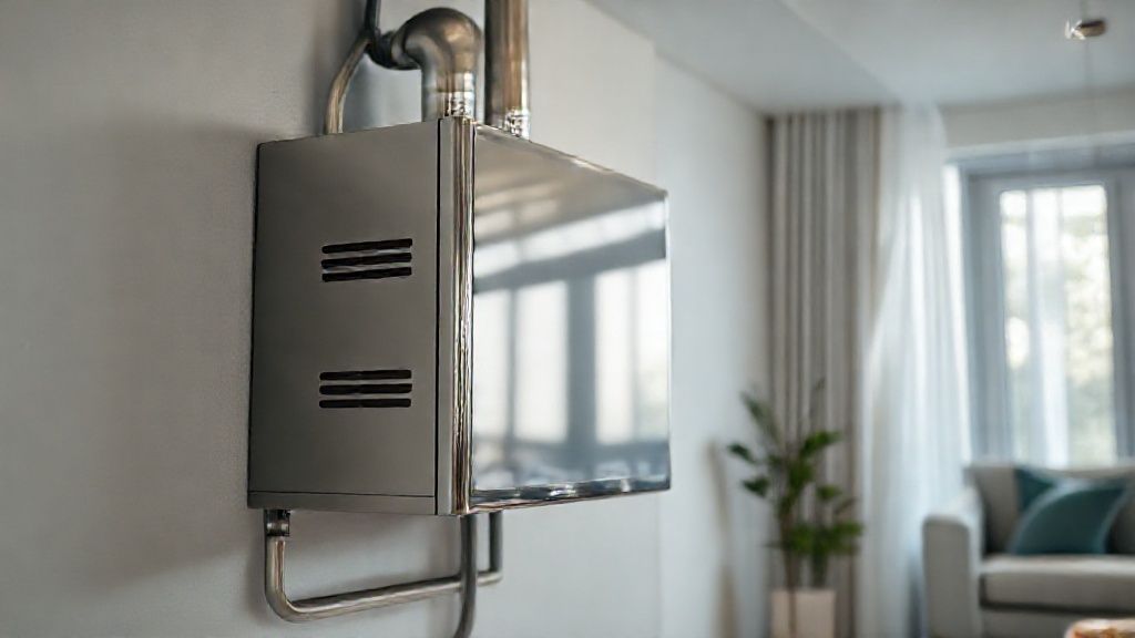 Gleaming HVAC unit in modern home; crisp metal, soft textures, comfortable living.