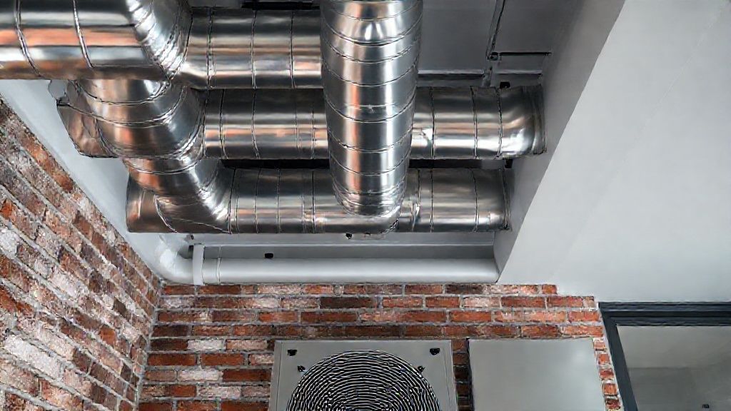 Shiny ductwork, textured brick, sleek unit in a modern home; efficient, powerful HVAC.