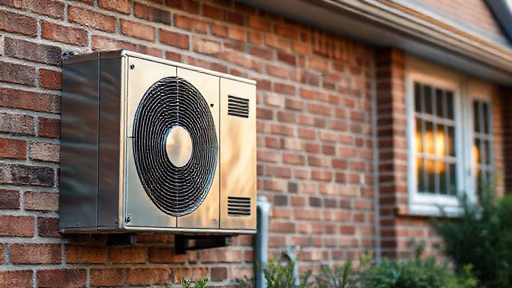 Shiny HVAC unit contrasts warm, textured brick home. Modern comfort, tangible quality.