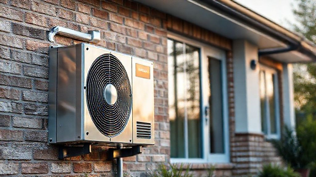 Modern home, shiny HVAC unit, textured brick, clean lines hinting at local SEO.