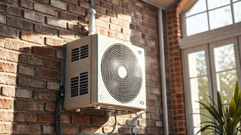 Gleaming HVAC unit in a modern home; sunlit, textured brick, inviting comfort, optimized for local visibility.