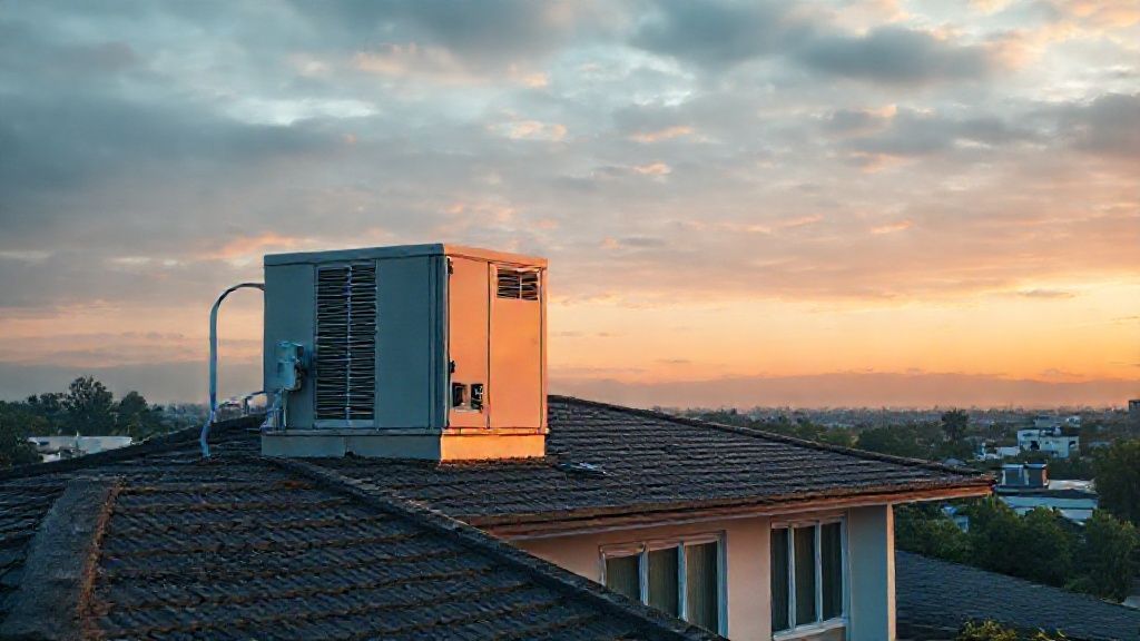 Rooftop unit gleams on modern home, emphasizing reliability; SEO for comfort.