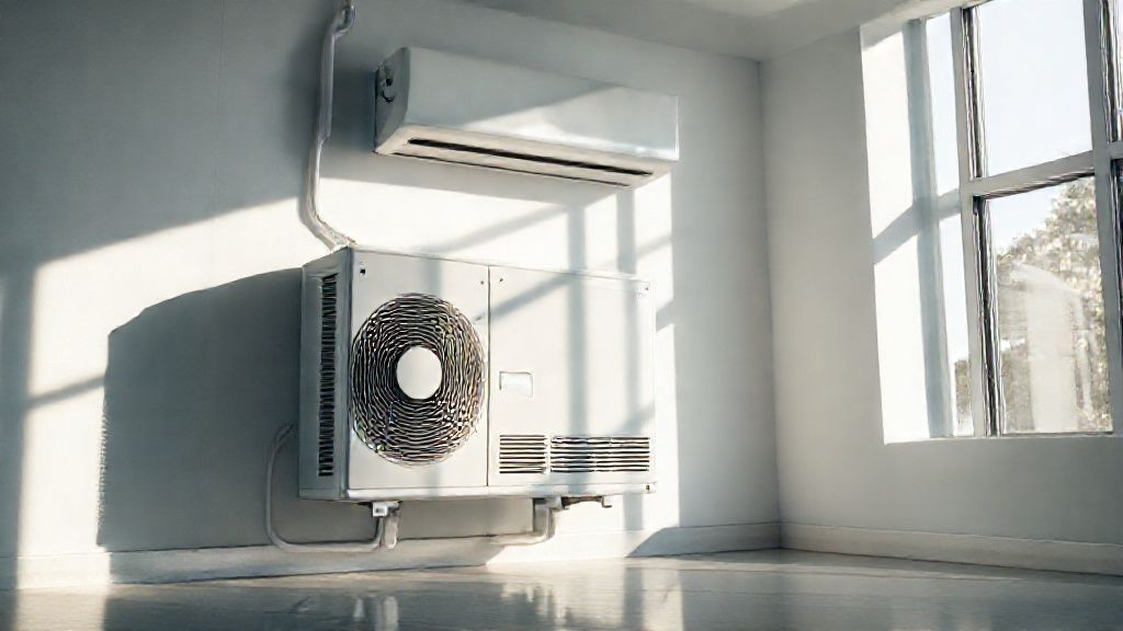 Modern HVAC unit in sleek home; sunlight highlights clean textures, efficient & localized.
