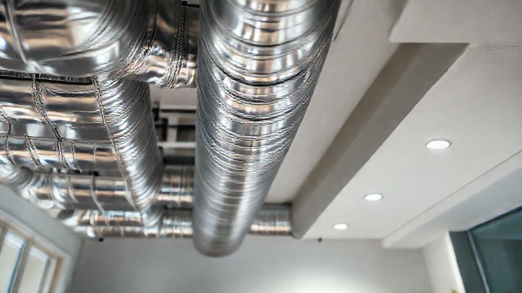 Shiny ductwork, modern home interior, crisp textures, suggest local SEO dominance for HVAC contractor.