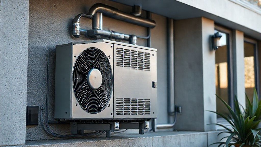 Modern HVAC unit, metal texture, nestled in a high-end home, visible on Google Maps.