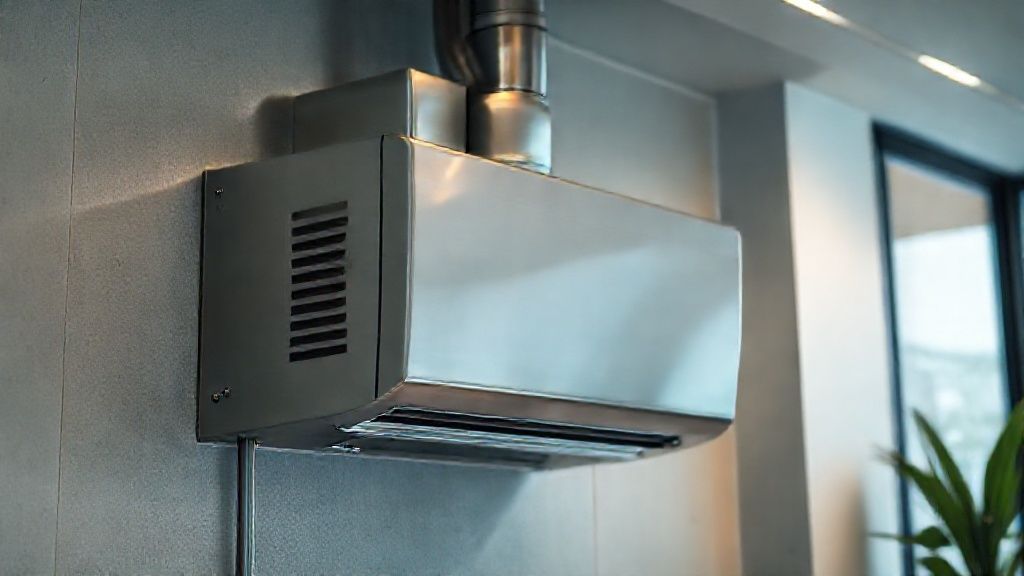 Sleek HVAC unit in modern home, cool metal textures, inviting light, suggesting efficiency.