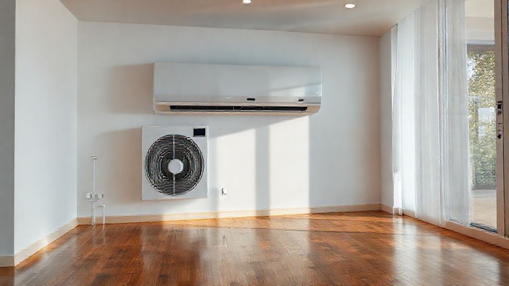 Sleek HVAC unit, modern home, warm wood floor reflecting cool, professional climate control equipment.