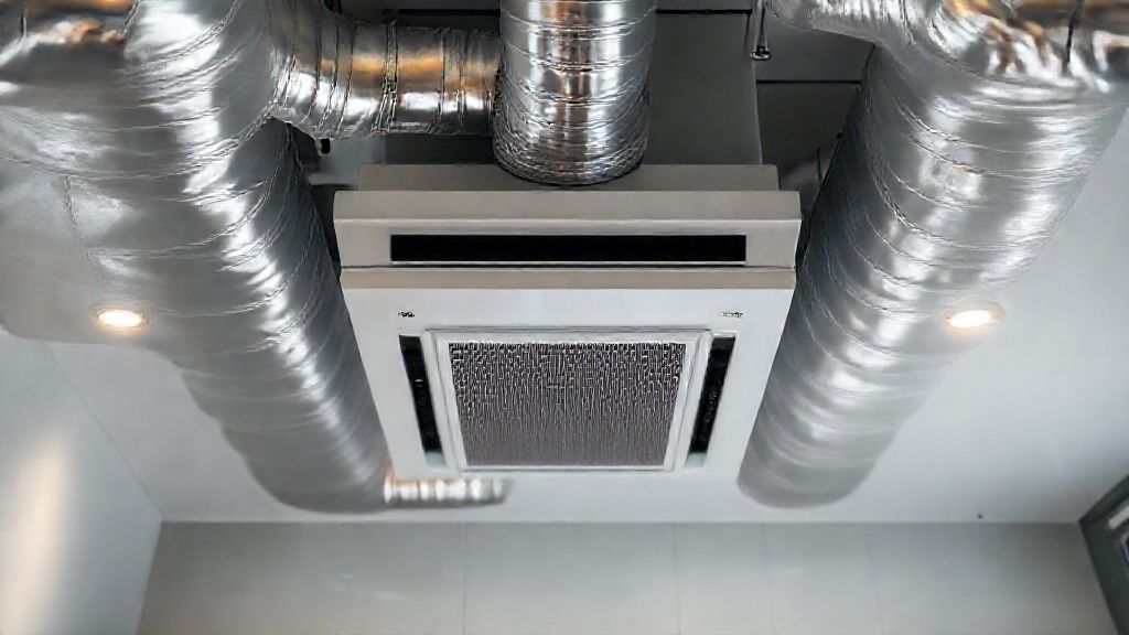 Shiny ductwork, new AC unit in a modern home. Emphasize comfort, texture, and efficiency.