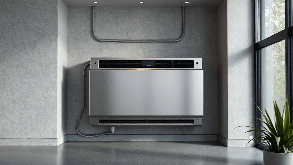 Sleek HVAC unit nestled in a modern home, metallic textures, LSA campaign ready.