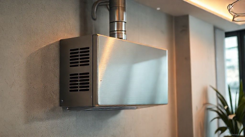 Sleek HVAC unit in modern home, metallic textures, subtly reflecting light, warm and inviting.