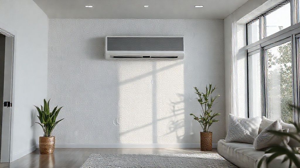 Sleek HVAC unit blends seamlessly in modern home; clean, textured surfaces; inviting comfort.