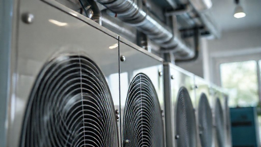 Gleaming HVAC units in modern homes, close-ups showcase quality materials and skilled installation.