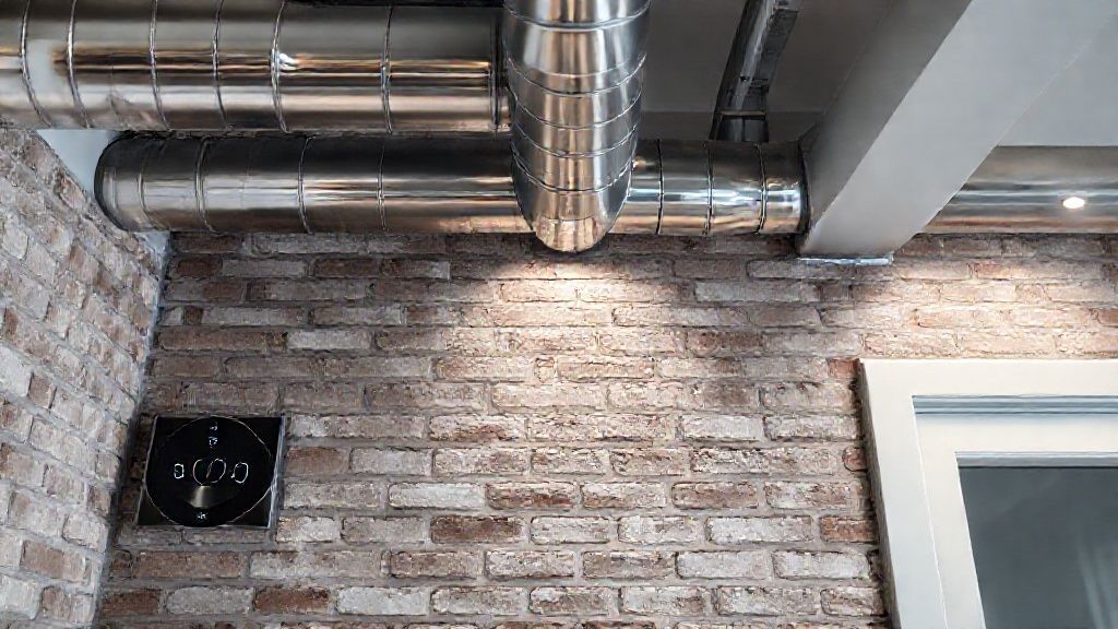 Shiny ductwork, textured brick, modern thermostat in a sleek home, ready for business registration.