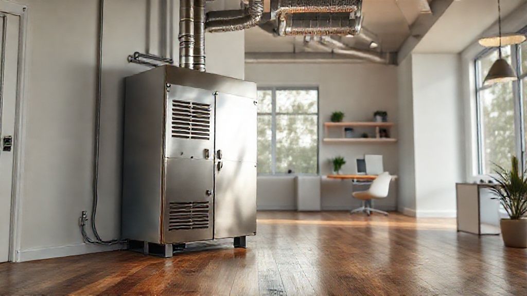 Stainless steel HVAC unit contrasts warmly with wood floors; modern home office in background.