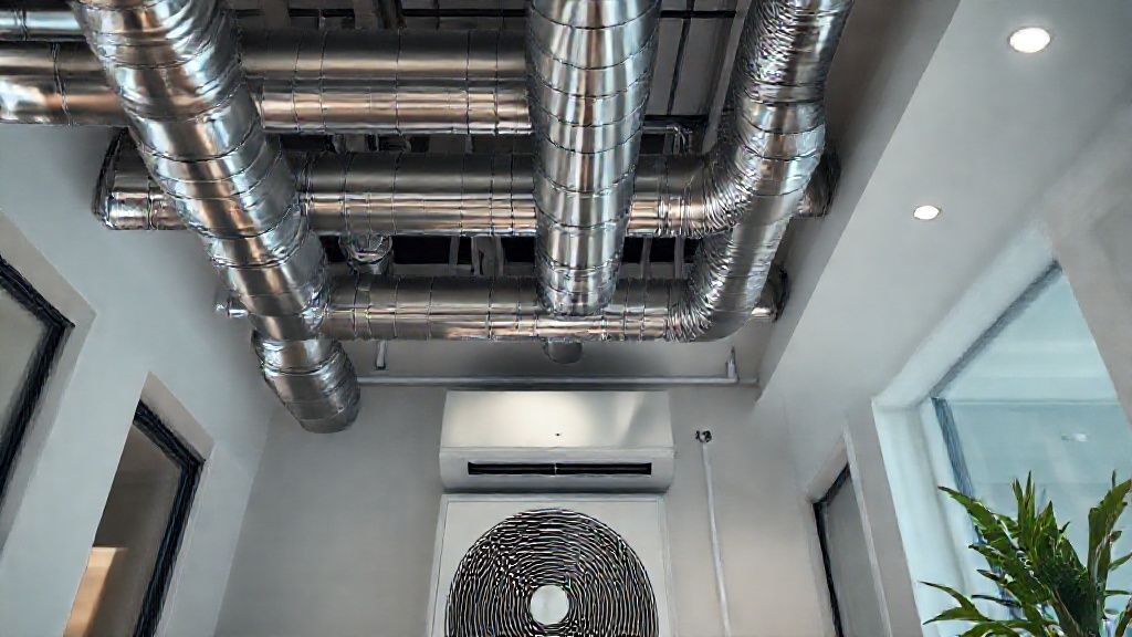 Shiny ducts & sleek unit nestled in modern home; conveys trust and efficiency.