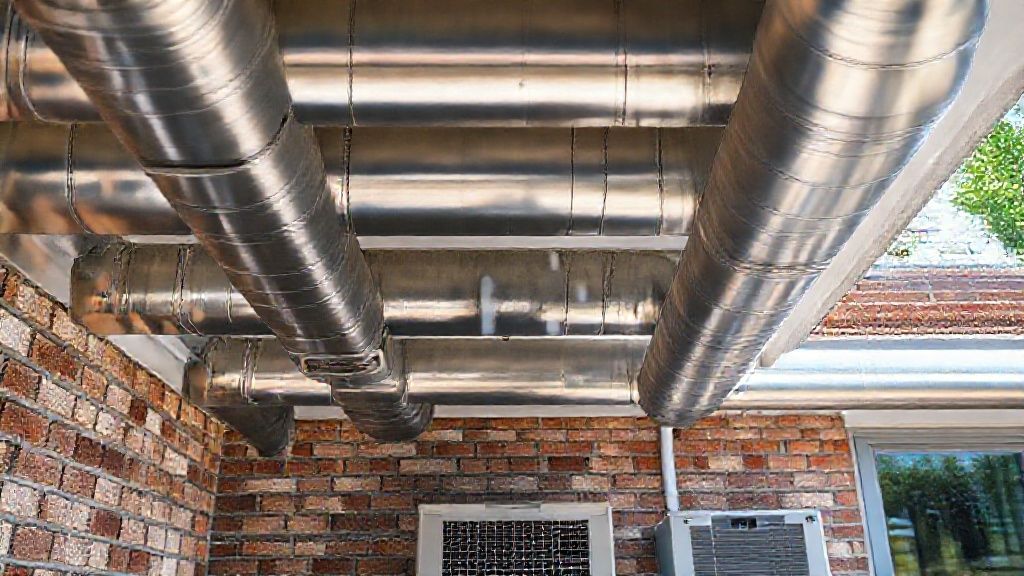 Shiny ductwork, textured brick, modern home. Visible vents & outdoor unit imply seamless climate control.