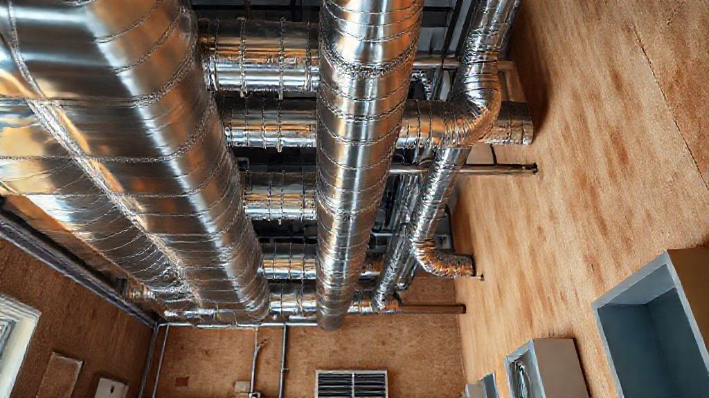 Shiny metal ducts contrast with warm, textured walls in a modern home, showcasing HVAC equipment.