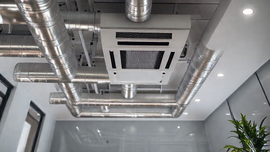 Shiny ducts & sleek unit blend seamlessly into modern home, offering efficient climate control.