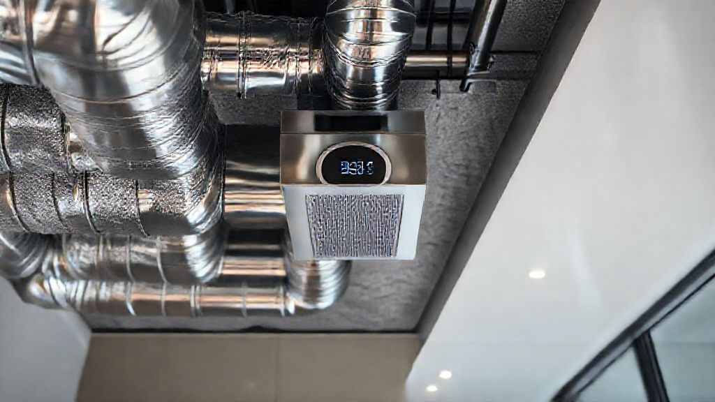 Shiny metal ducts, textured insulation, modern thermostat, seamless integration into sleek home interior.