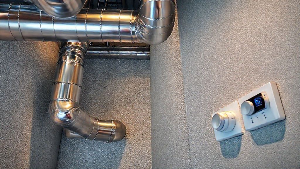 Shiny metal ducts contrast textured walls, modern thermostats regulate home comfort, demonstrating a heating/cooling company.