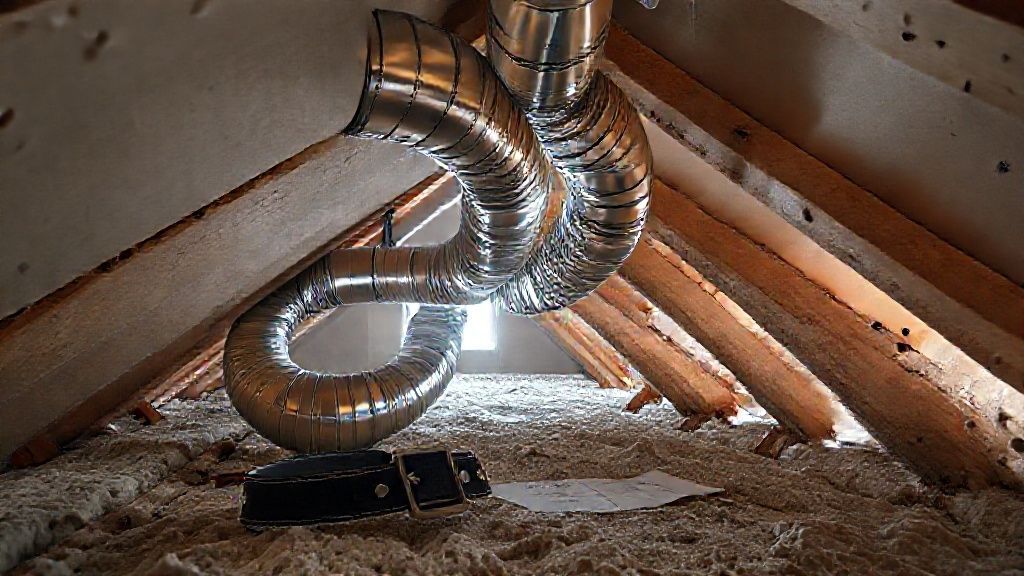 Shiny ductwork snakes through a modern attic; tool belt rests on textured insulation; permits displayed.