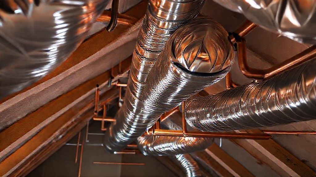 Shiny ductwork snaking through a modern attic. Copper pipes gleam. Business licenses needed for HVAC highlighted.