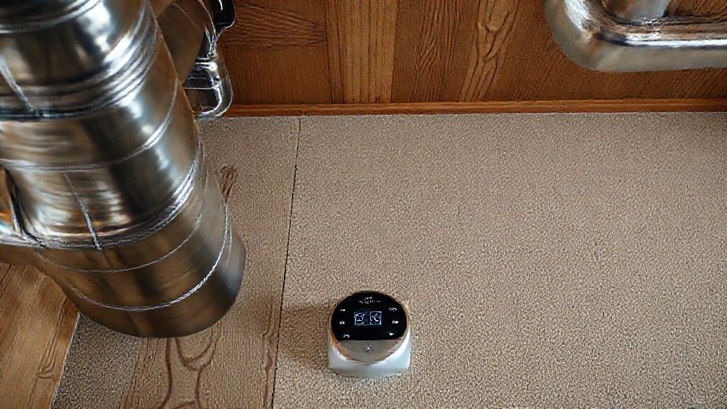 Shiny metal ducts contrast with cozy wood; a modern thermostat sits beneath textured drywall.